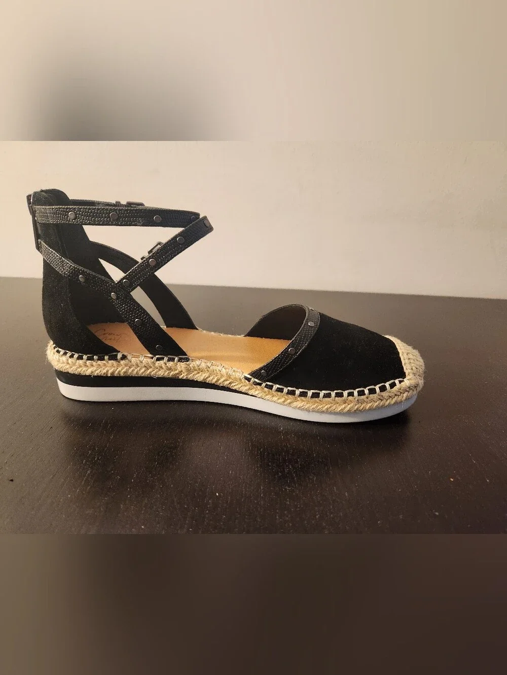 Crown Vintage Women’s Black Espadrille Ankle-Strap Wedges